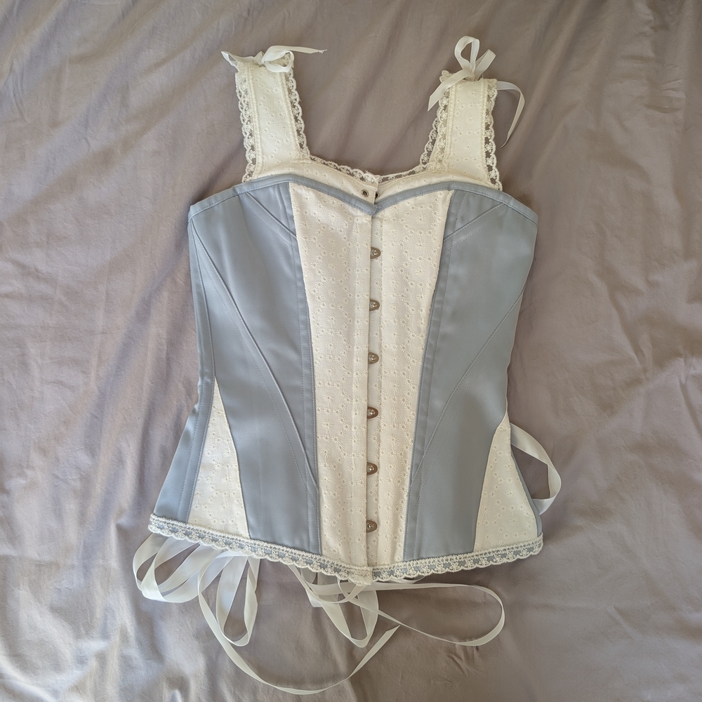 Blue and White Shapewear Corset with Lace-Up Design